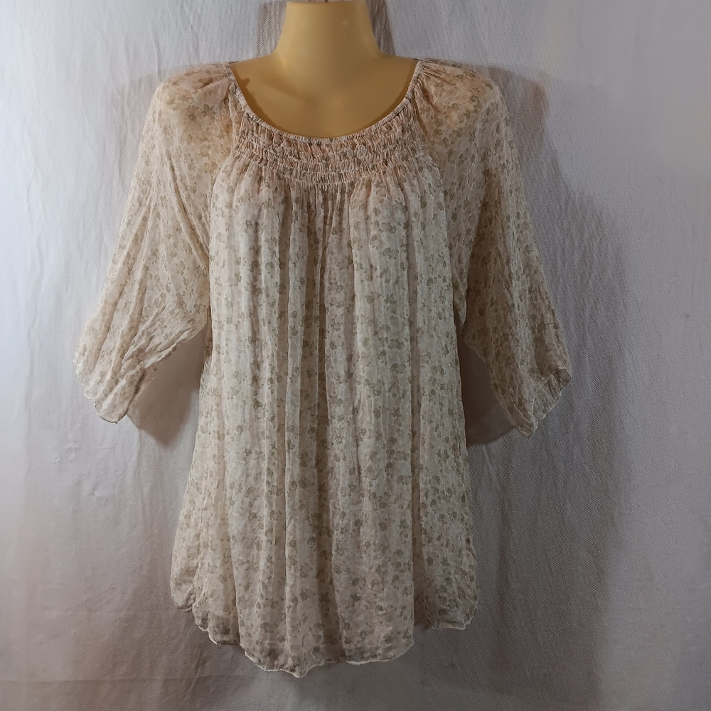 Guisy Womens Small Silk Top Ditsy Floral Sheer Lined Blouse Peasant Boho Italy